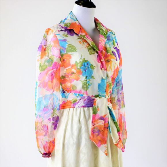 Vintage 1960s-70s Pastel Floral Hostess Gown Maxi Dress Small - Picture 4 of 10